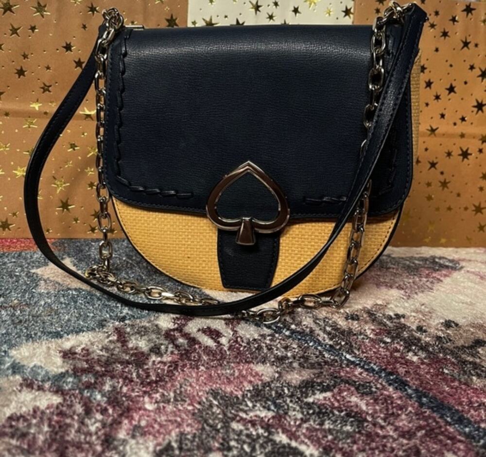 Kate Spade Navy Blue Robyn Medium Saddle Bag Wicker Boho Picnic Cottagecore Chic